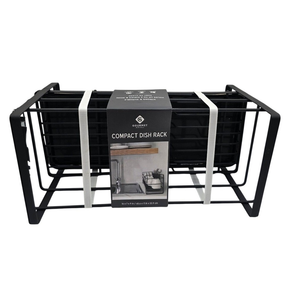 Gourmet Kitchen Compact Dish Rack Black Narrow Small Space Drain Board Caddy K4
